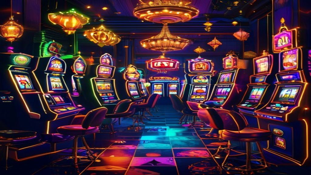 Diwa Game online casino floor at night with glowing slot machines and playing cards